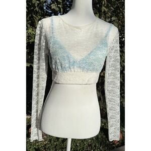 VTG Y2K CW Classics Ivory  lace‎ see through long sleeve Crop Top Blouse Shirt L